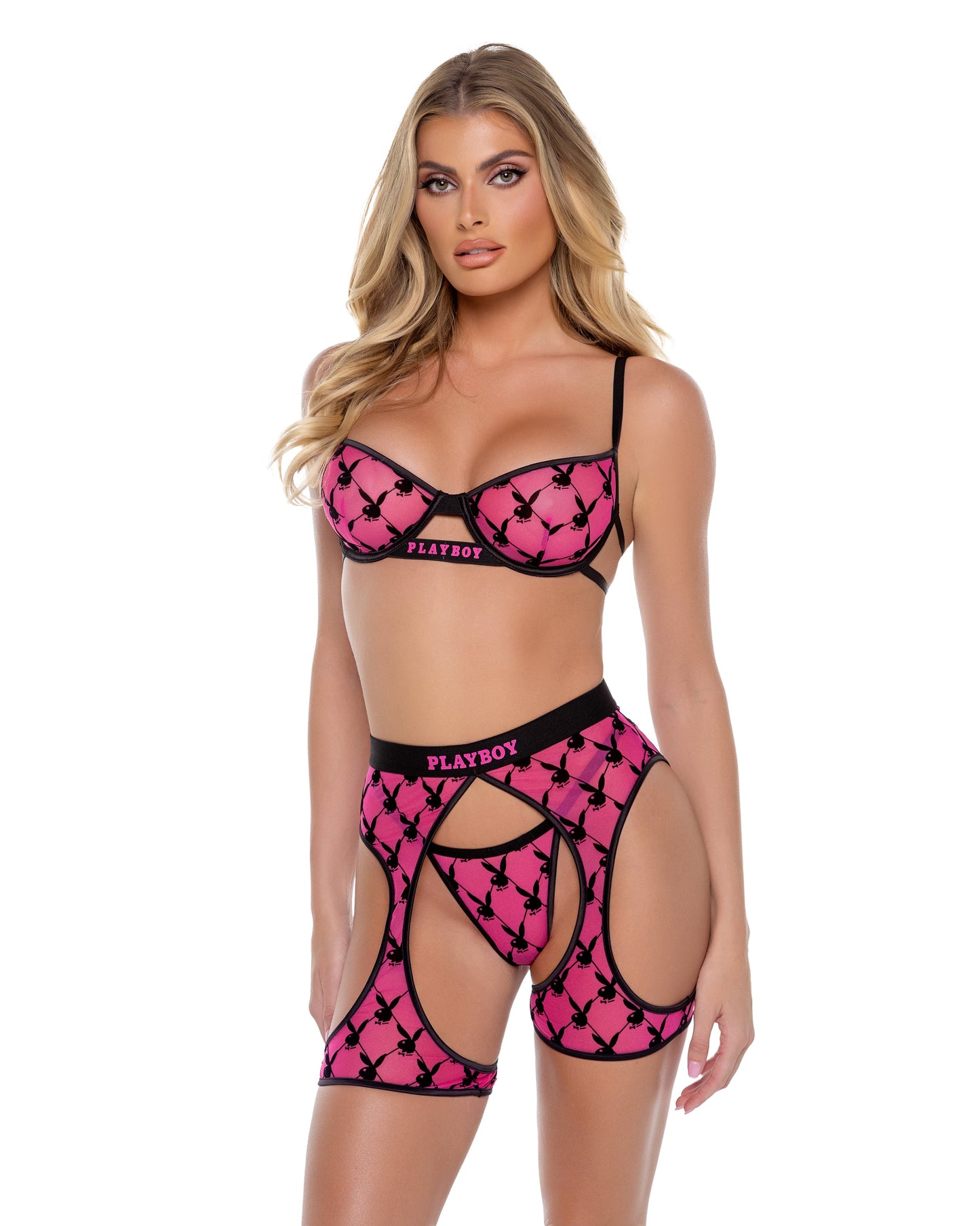 Playboy Flocked Bunny Chaps Pink Logo Flock Print Mesh