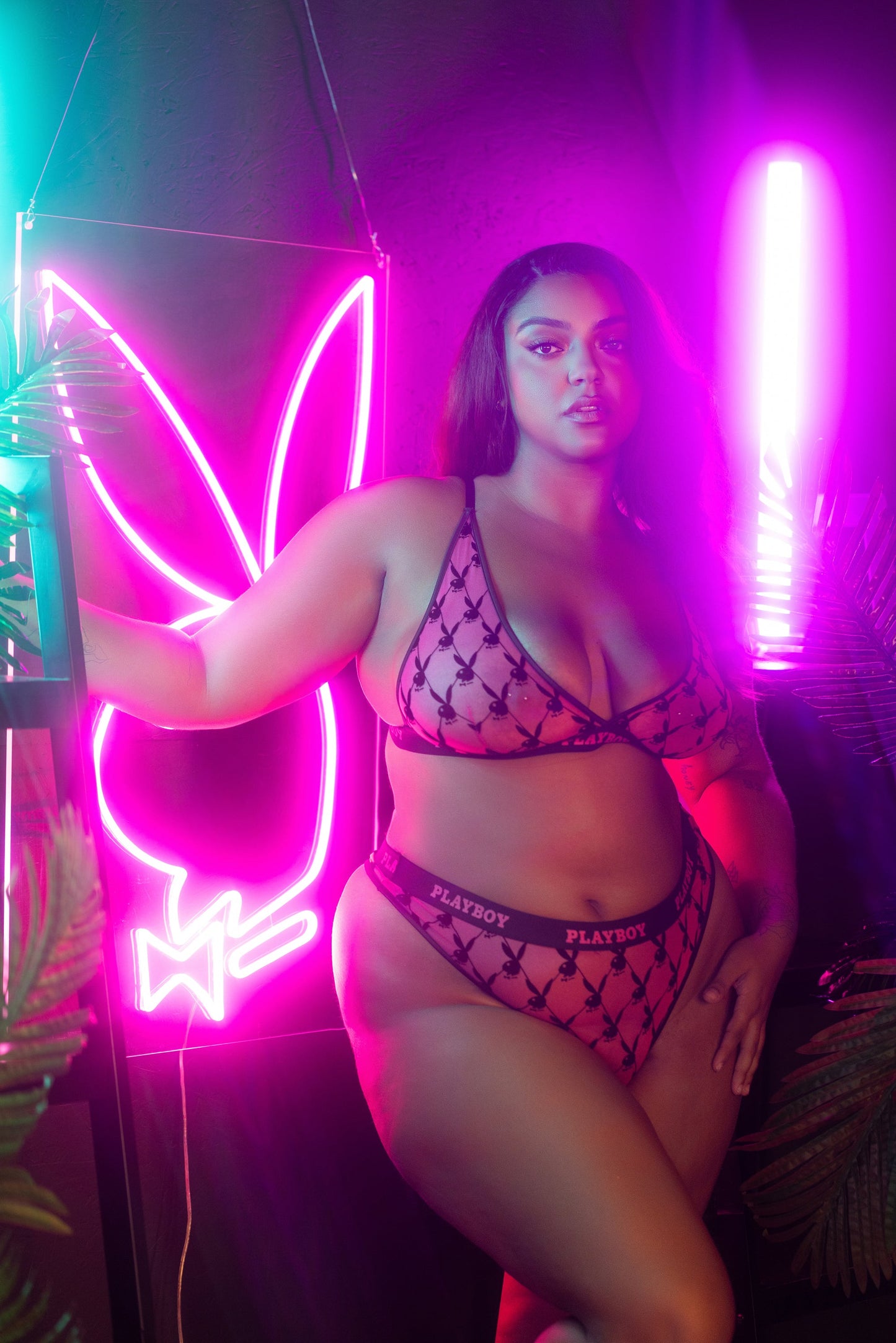 Playboy Flocked Bunny Bralette Bralette Bra Set Pink Mesh Logo Flock Plus Size