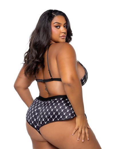 Playboy Bunny Smoke Lounge Triangle Bra Set Logo Satin Black Plus Size-Rebel Romance