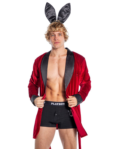 Playboy Mens Smoke Lounge Robe Velvet Red