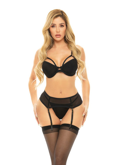 Pink Lipstick Lingerie Come to Me Bra, Garter Belt & G-String Set Black