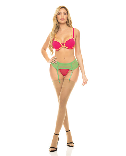 Pink Lipstick Lingerie Come to Me Bra, Garter Belt & G-String Set Neon