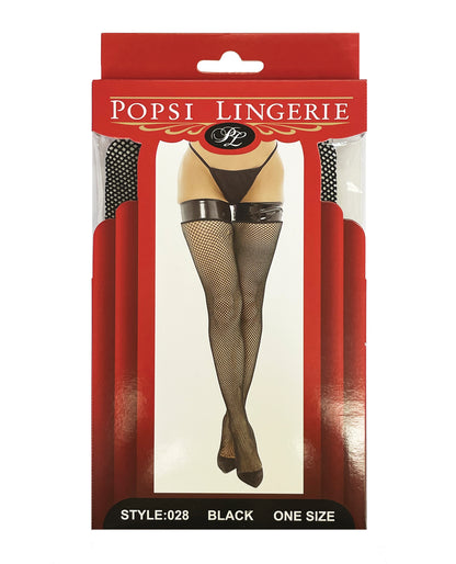Popsi Lingerie Sexy Vinyl Top Fishnet Stocking Black