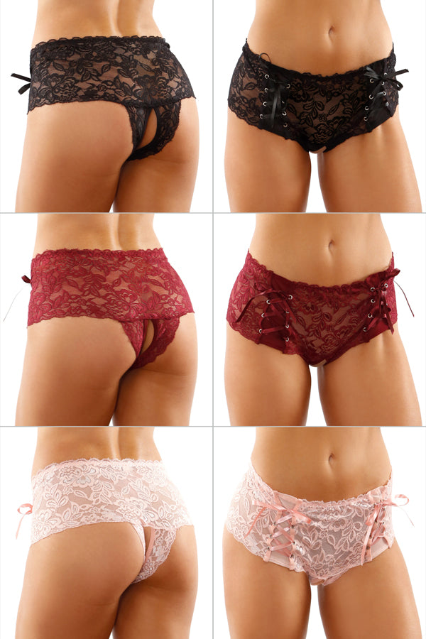 Fantasy Lingerie Bottoms Up Magnolia Crotchless Boyshort with Lace-up Panels Black