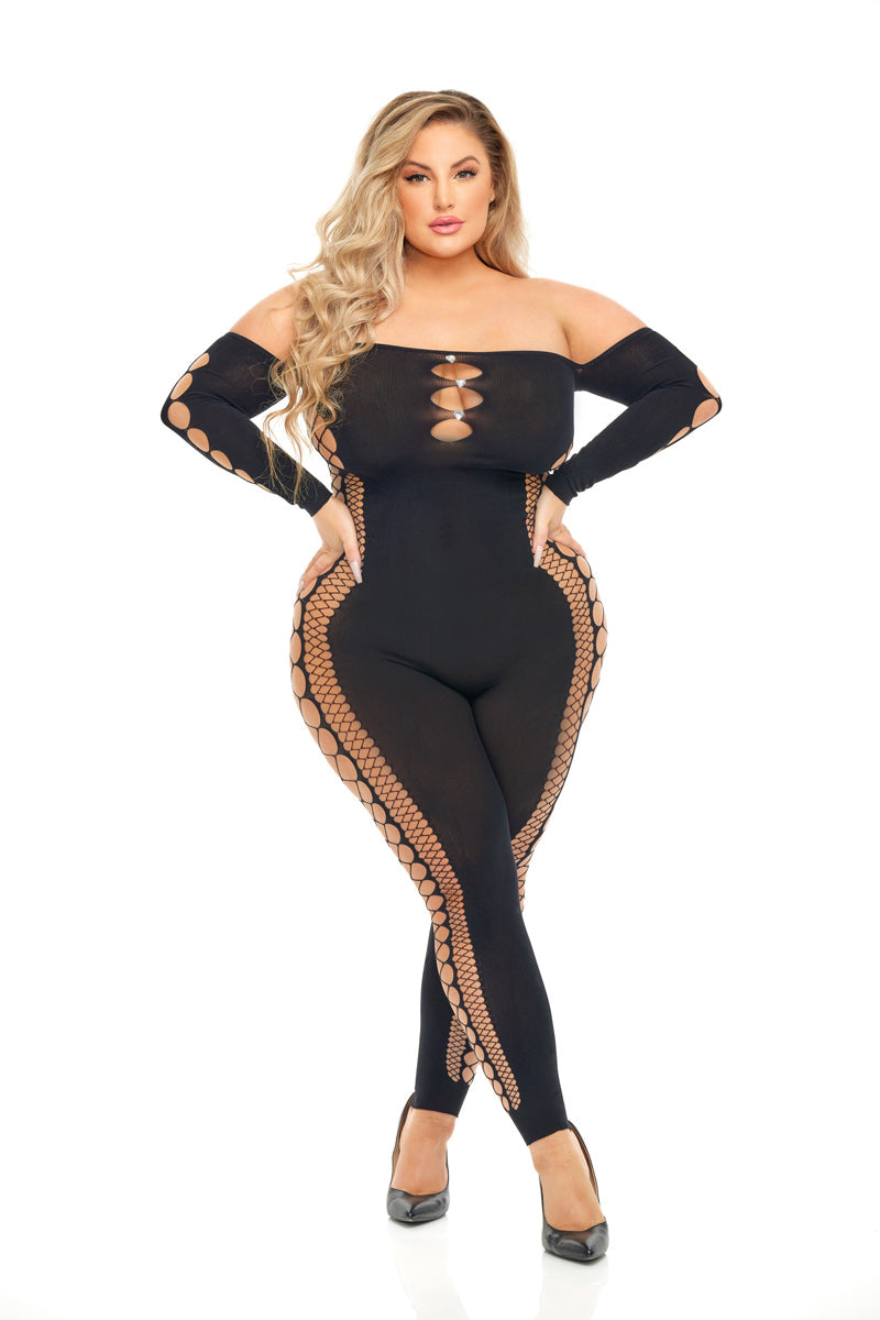 Pink Lipstick Be Bold Diamond Drippin Bodystocking - Queen Size - Black