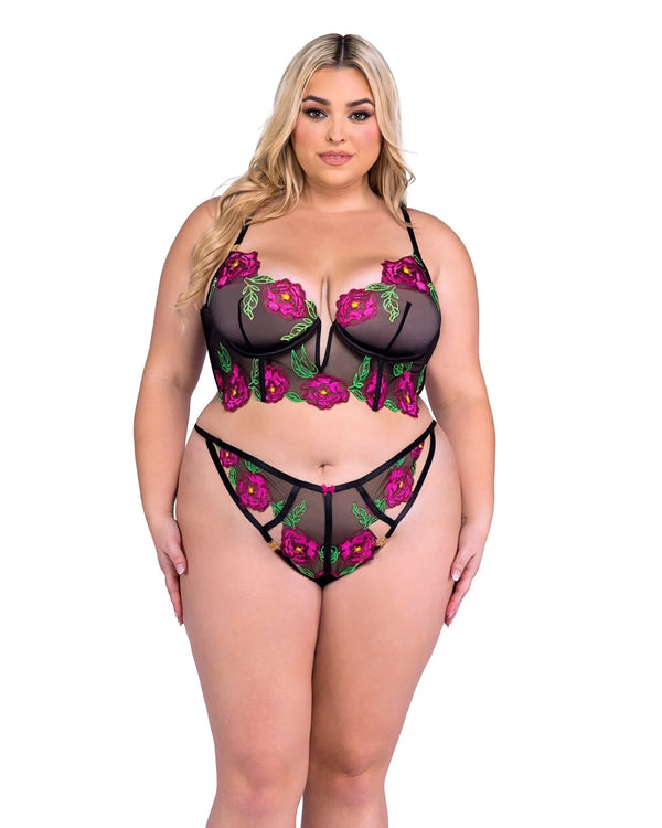 Roma Confidential Queen Plus Sheer Floral Embroidery Peony Paradise Longline Bra Set Black