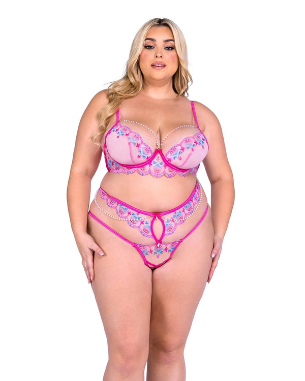 Roma Confidential Queen Plus Sultry Siren Rivage Satin Lace Pearl Bra Set Pink