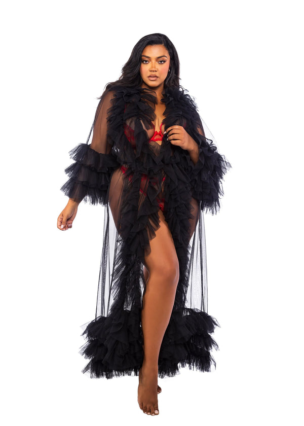 Roma Confidential Queen Plus Voguish Glam Luxury Ruffled Floor Length Robe Black