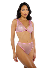 Roma Confidential Think Pink Rhinestone Fishnet Bralette Bra Set Pink