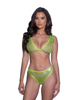 Roma Confidential Think Pink Rhinestone Fishnet Bralette Bra Set Neon Green