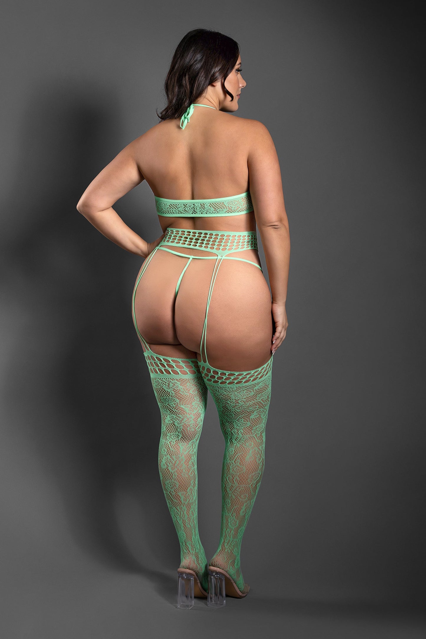 Fantasy Lingerie Sheer Heart Of Glass 3pc Gartered Stockings Set Seaglass Queen