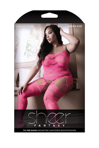 Fantasy Lingerie Sheer To The Moon Geometric Gartered Bodystocking Pink Queen