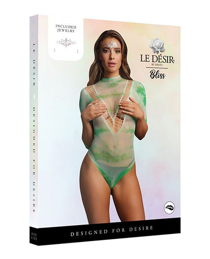Le Désir Bliss Short Sleeve Tie Dye Fishnet Teddy with Face Jewelry