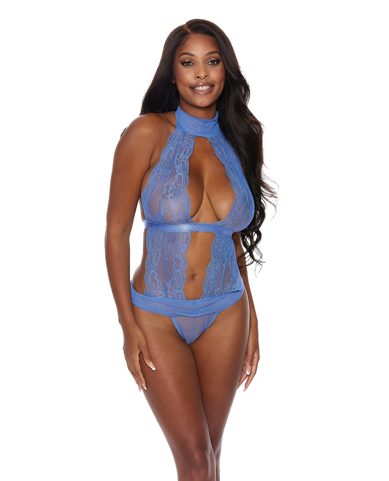 Shirley of Hollywood Lace & Mesh Halter Neck Teddy Periwinkle