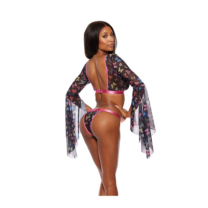 Shirley of Hollywood Black Mesh Butterfly Print Flutter Sleeve Top w/Thong 2 pc Set