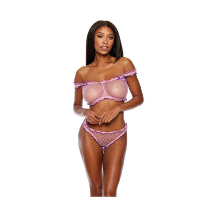 Shirley of Hollywood Sheer Dot Mesh Ruffled Bralette with Thong Set Pink