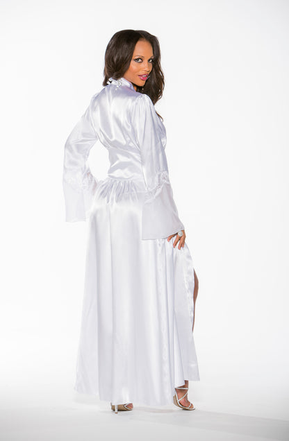 Shirley of Hollywood Luxurious Lace Satin Chiffon Long Robe w/Pockets White