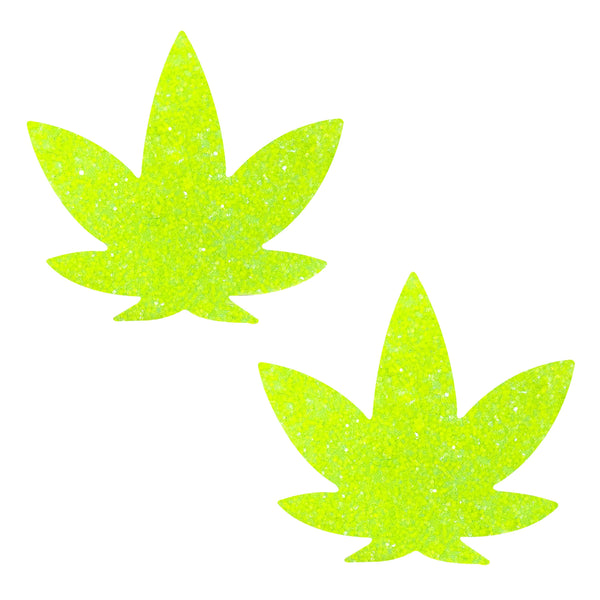 Neva Nude Super Sparkle Blacklight Glitter Weed Leaf Pasties - Lime