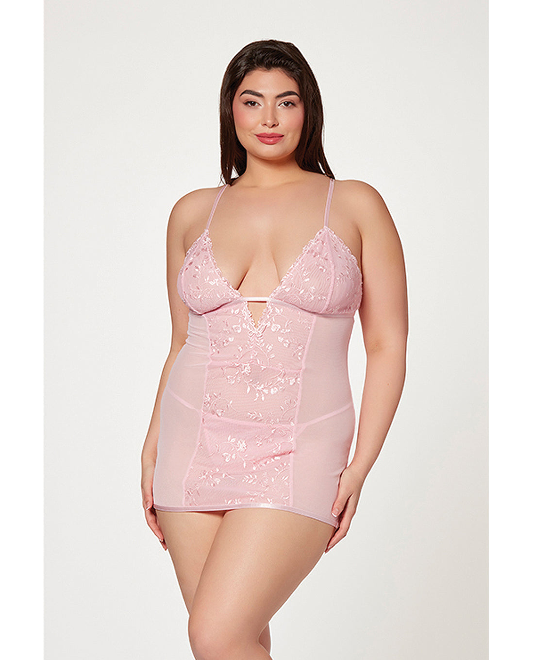 Seven ’til Midnight Queen Floral Mesh Chemise & G-String Pink