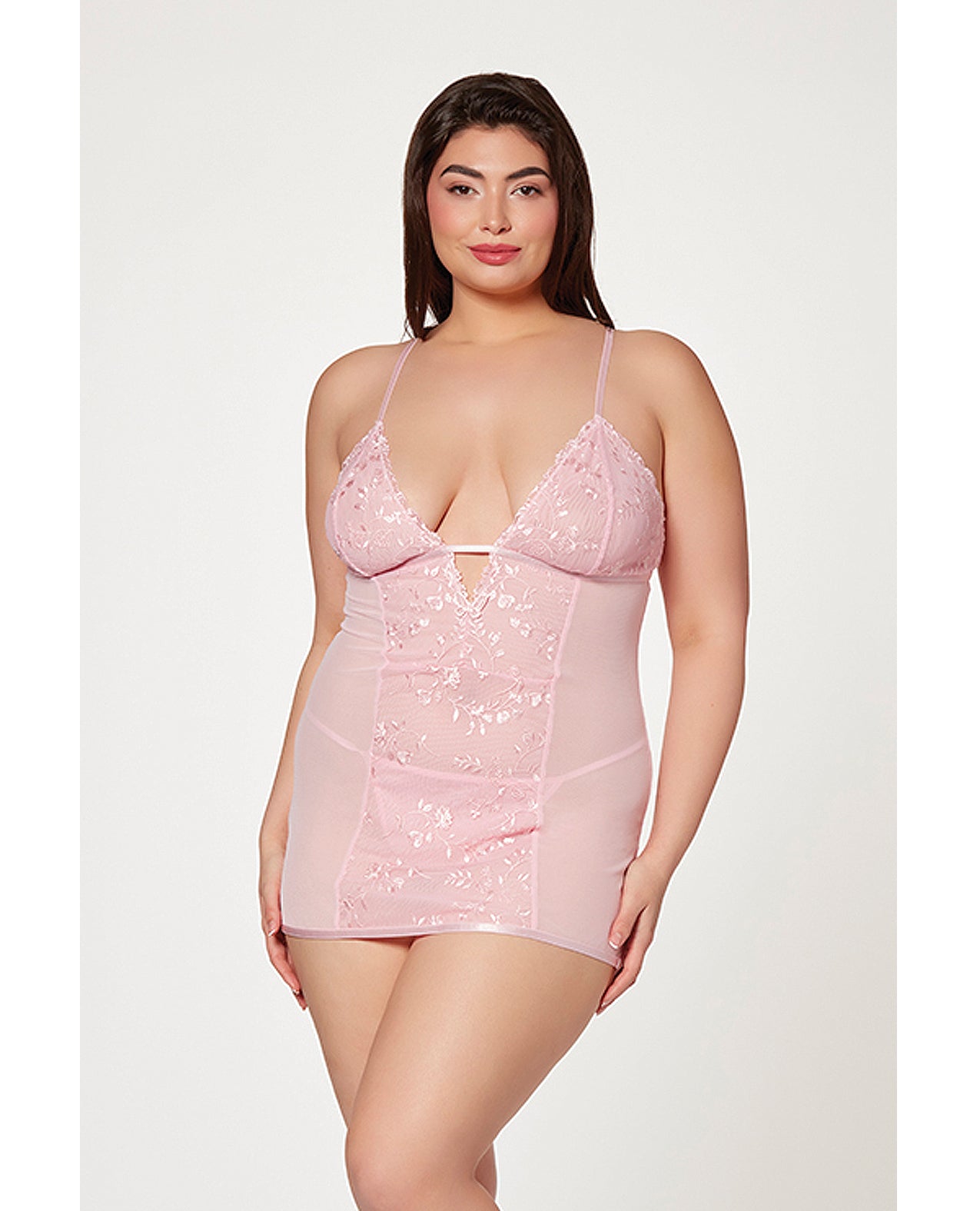 Seven 'til Midnight Queen Floral Mesh Chemise & G-String Pink