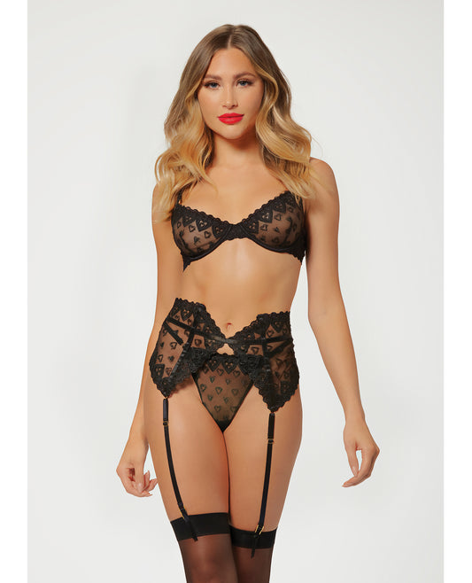 Seven 'til Midnight Valentines Heart Embroidered Mesh Waspie Bra Set Black