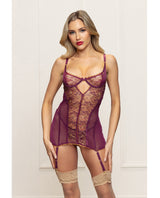 Seven ’til Midnight Metallic Lace Gartered Chemise & Thong Plum
