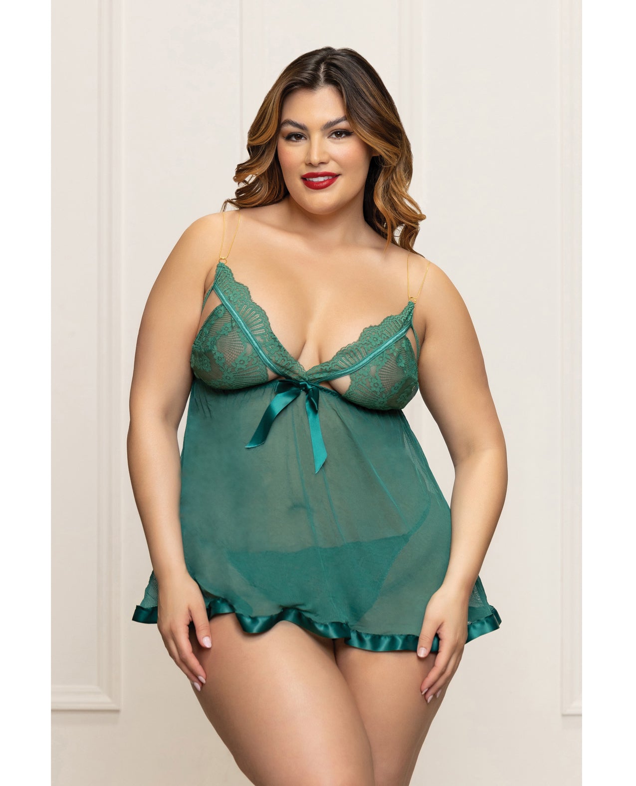 Seven 'til Midnight Queen Holiday Babydoll Gold Straps & Thong - Green