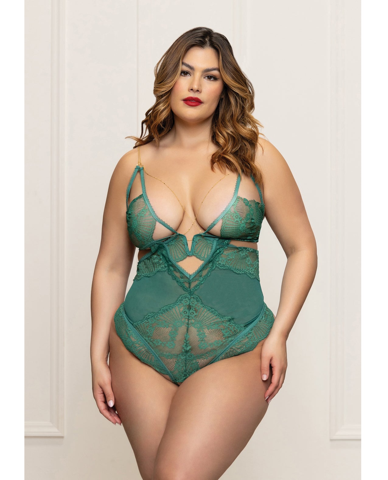 Seven 'til Midnight Queen Holiday Lace Open Crotch Teddy Gold Straps - Green