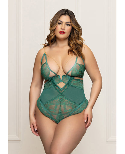 Seven 'til Midnight Queen Holiday Lace Open Crotch Teddy Gold Straps - Green