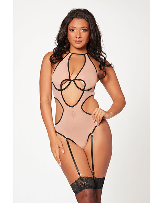 Seven 'til Midnight Mesh Cut Out Halter Teddy Nude/Black