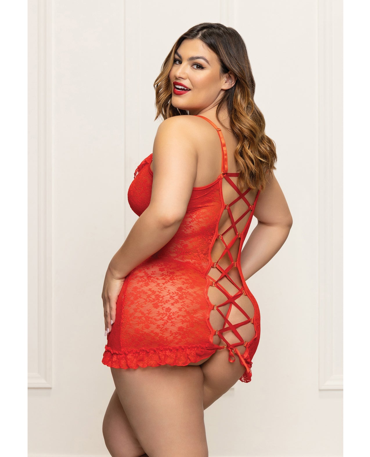 Seven 'til Midnight Queen Holiday Lace Chemise Ruffle Trim & G-String - Red