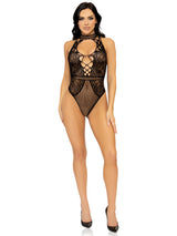Leg Avenue Net and Lace Keyhole Halter Bodysuit