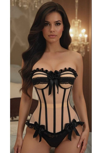 Daisy Corsets Top Drawer Steel Boned Nude & Black Mesh Underwire Bustier Corset