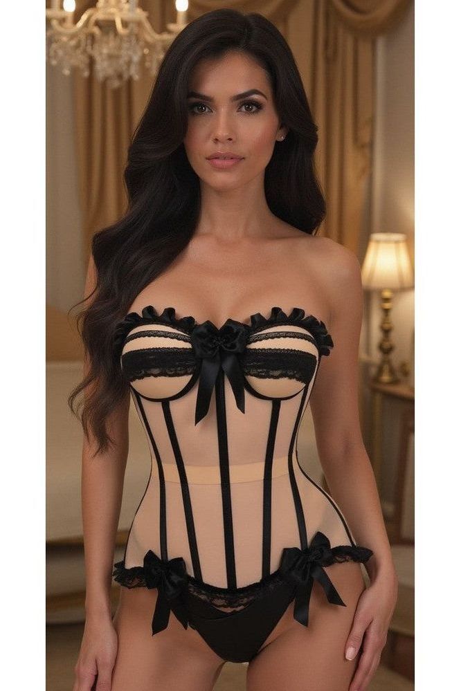 Daisy Corsets Top Drawer Steel Boned Nude & Black Mesh Underwire Bustier Corset