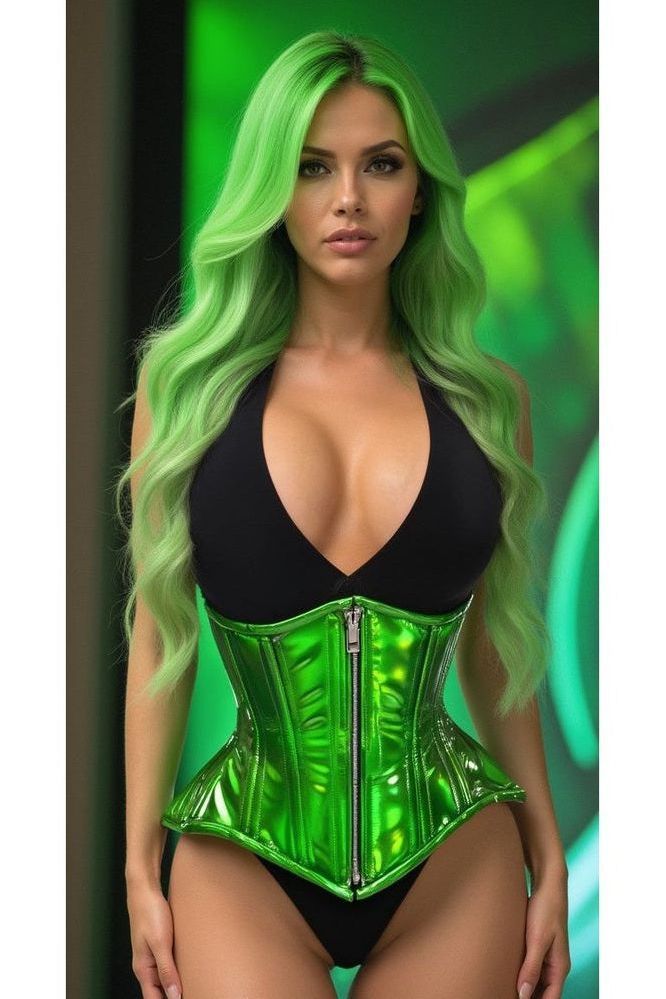 Daisy Corsets Top Drawer Green Holo Double Steel Boned Underbust Waist Cincher Corset