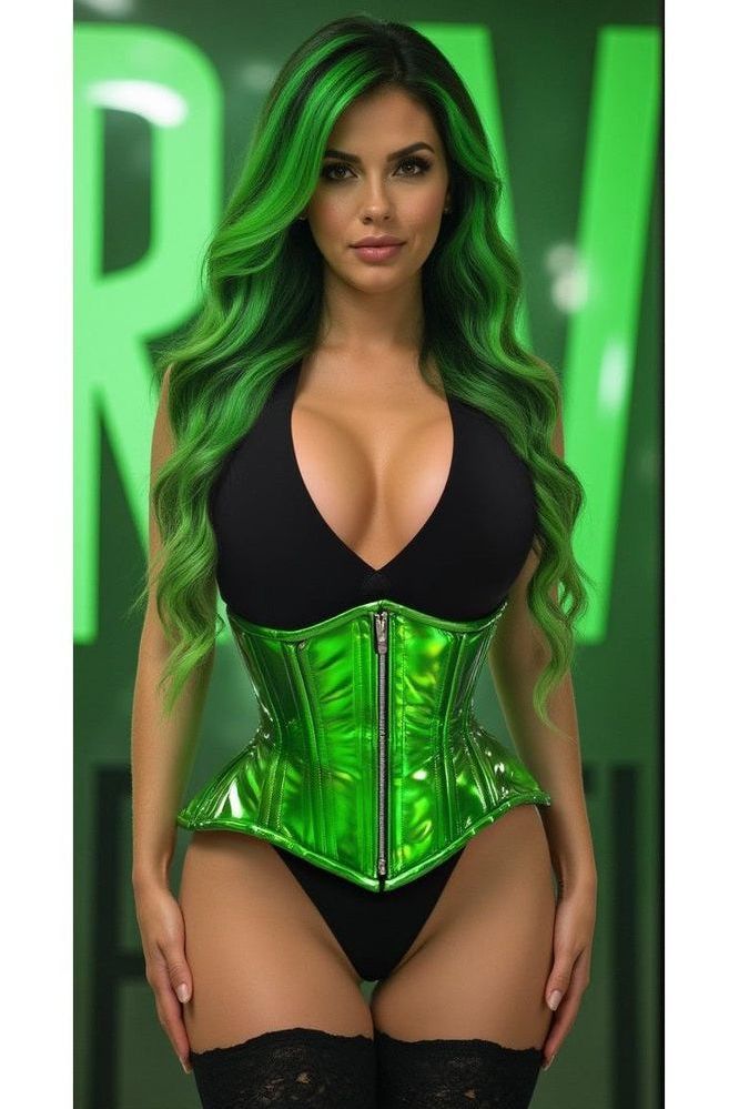 Daisy Corsets Top Drawer Green Holo Double Steel Boned Underbust Waist Cincher Corset