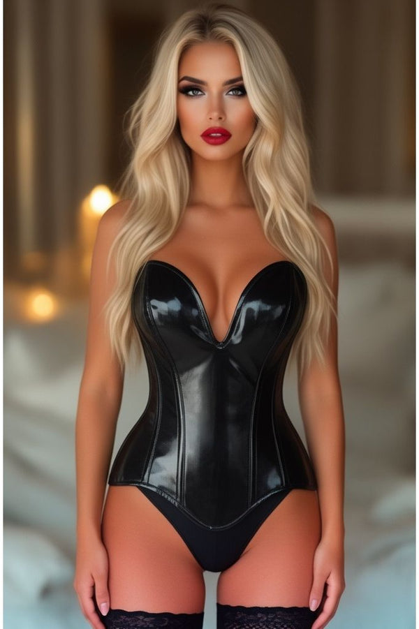 Daisy Corsets Top Drawer Steel Boned Black Patent Plunge Neckline Overbust Corset