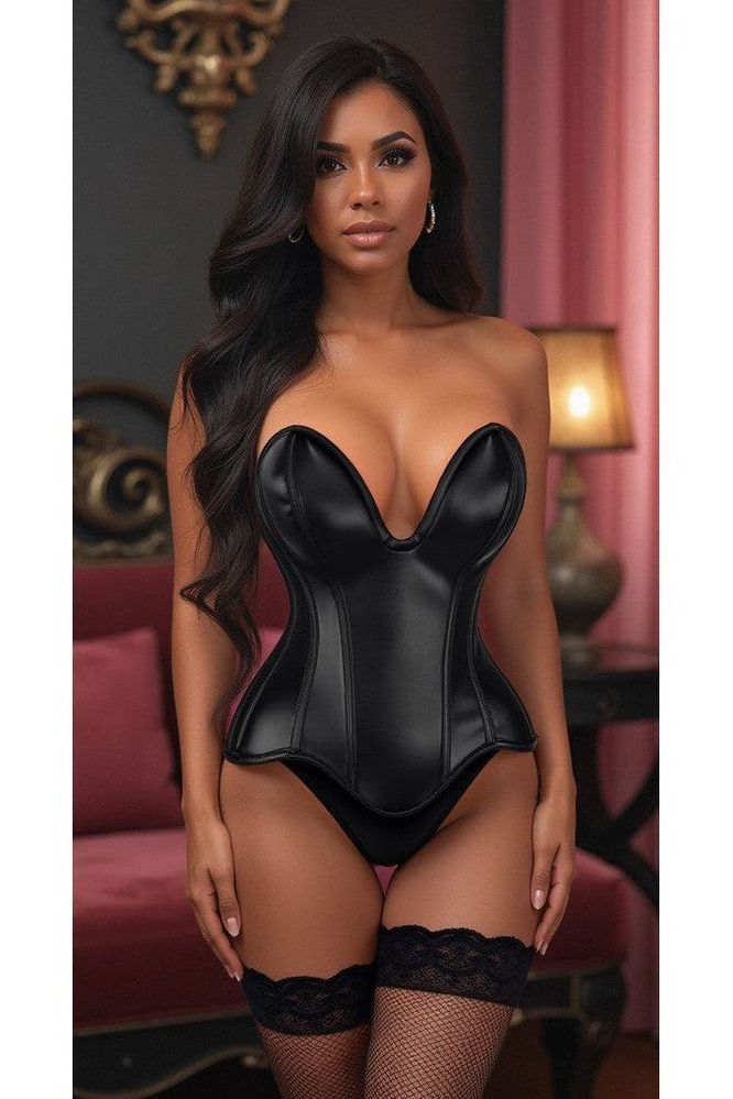 Daisy Corsets Top Drawer Steel Boned Black Faux Leather Plunge Neckline Overbust Corset
