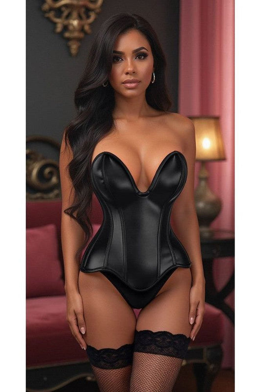 Daisy Corsets Top Drawer Steel Boned Black Faux Leather Plunge Neckline Overbust Corset