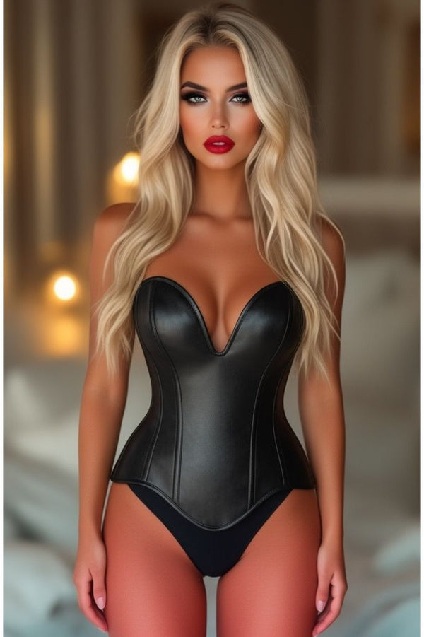 Daisy Corsets Top Drawer Steel Boned Black Faux Leather Plunge Neckline Overbust Corset