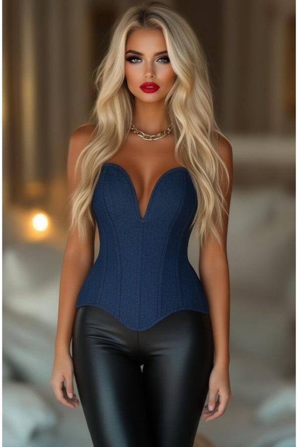 Daisy Corsets LIMITED EDITION Top Drawer Steel Boned Dark Blue Denim Plunge Neckline Overbust Corset