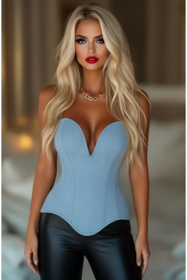 Daisy Corsets LIMITED EDITION Top Drawer Steel Boned Light Blue Denim Plunge Neckline Overbust Corset