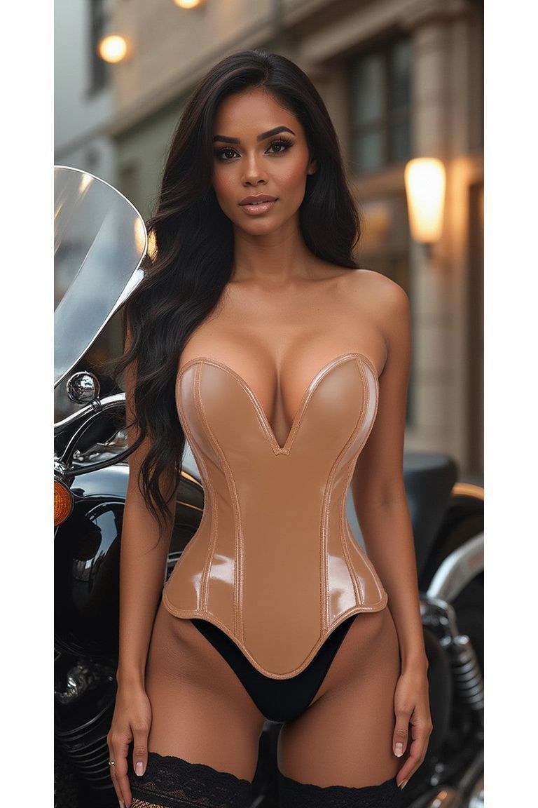 Daisy Corsets Top Drawer Steel Boned Caramel Patent Plunge Neckline Overbust Corset