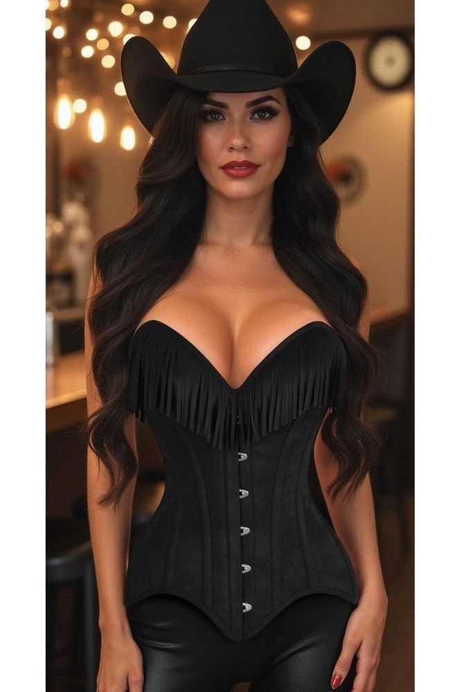 Daisy Corsets Top Drawer Black Suede Steel Boned Overbust Corset w/Fringe