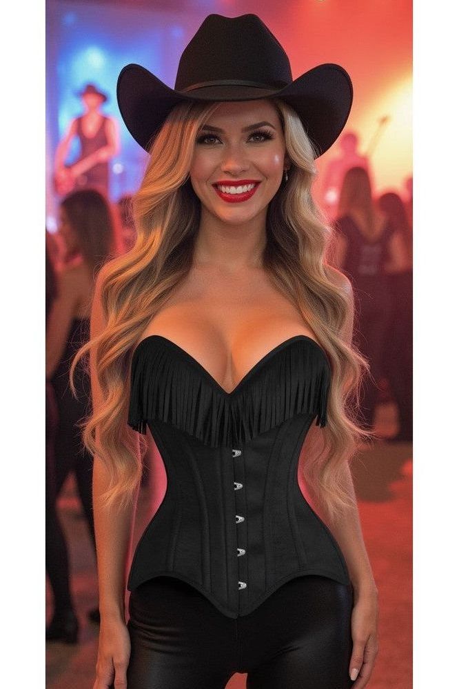 Daisy Corsets Top Drawer Black Suede Steel Boned Overbust Corset w/Fringe
