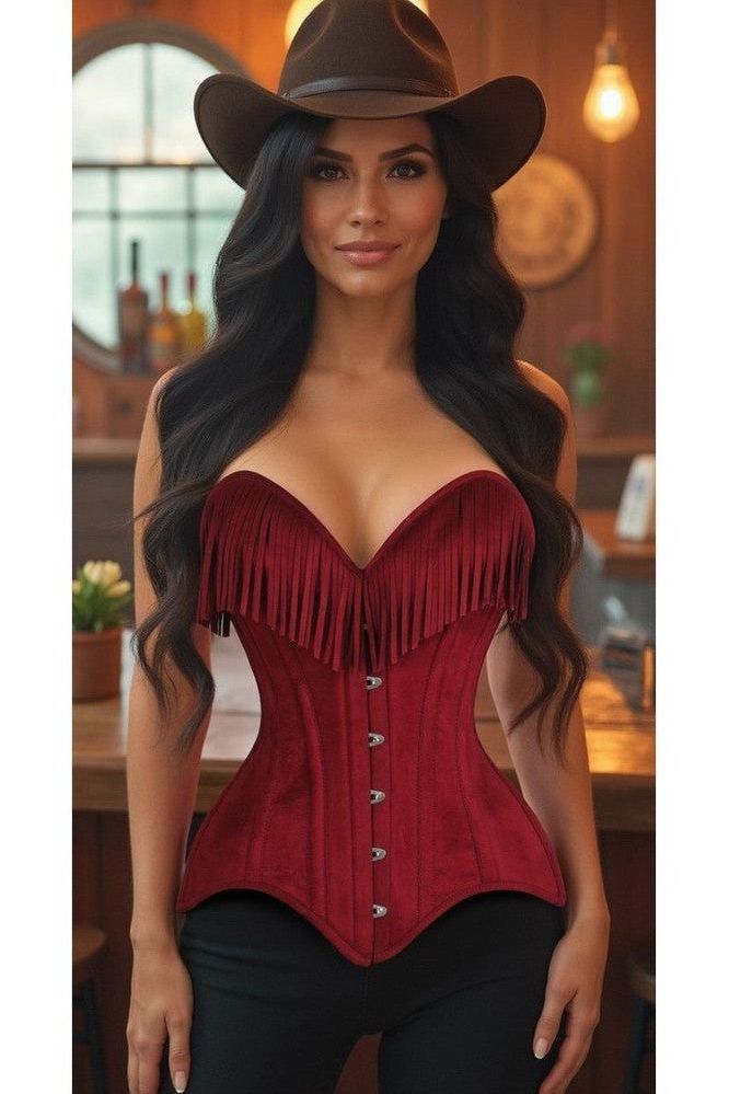 Daisy Corsets Top Drawer Red Suede Steel Boned Overbust Corset w/Fringe