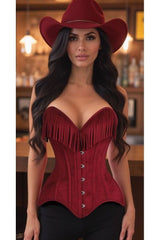 Daisy Corsets Top Drawer Red Suede Steel Boned Overbust Corset w/Fringe