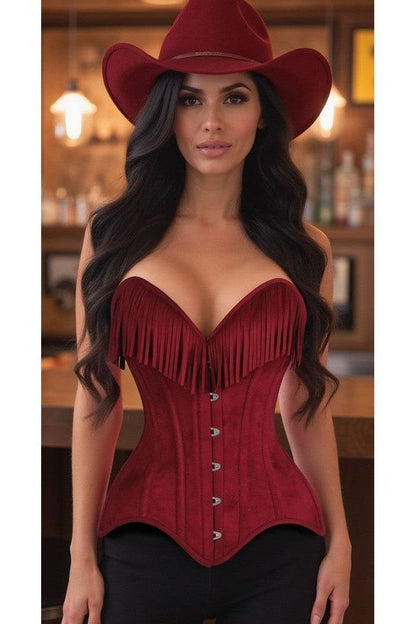 Daisy Corsets Top Drawer Red Suede Steel Boned Overbust Corset w/Fringe