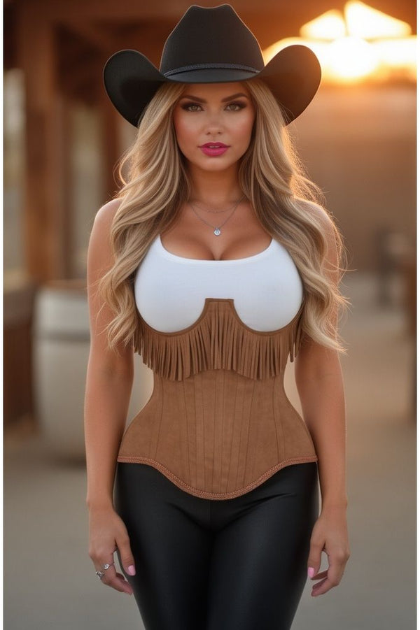 Daisy Corsets LIMITED EDITION Top Drawer Steel Boned Tan Suede Underwire Underbust Corset Cincher w/Fringe