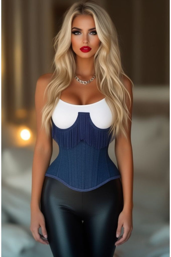 Daisy Corsets LIMITED EDITION Top Drawer Steel Boned Dark Blue Denim Underwire Underbust Corset Cincher w/Fringe
